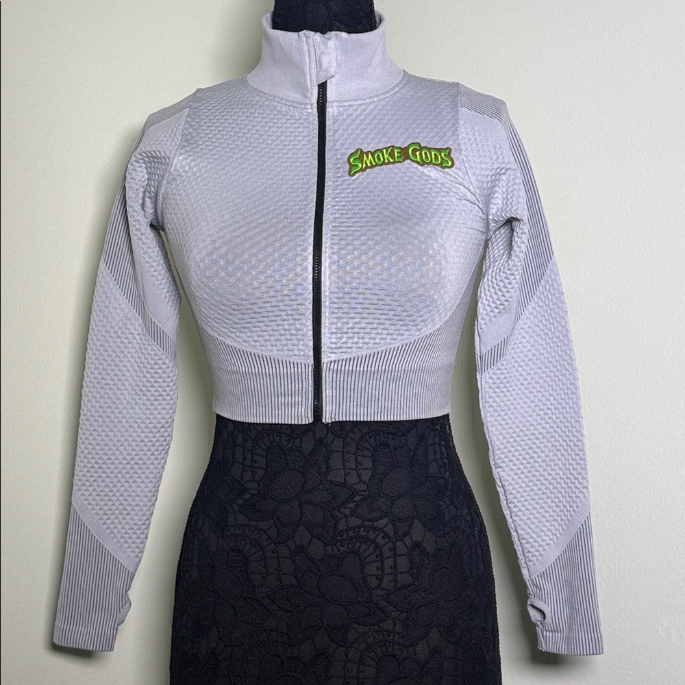 New Mix Grey Textured Crop Jacket with "Smoke Gods" Graphic | Size Small
